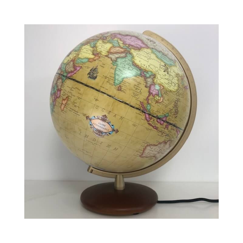 Globe lumineux Columbus Renaissance avec pied en noyer