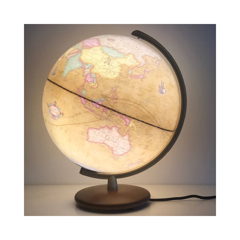 Globe lumineux Columbus Renaissance avec pied en noyer